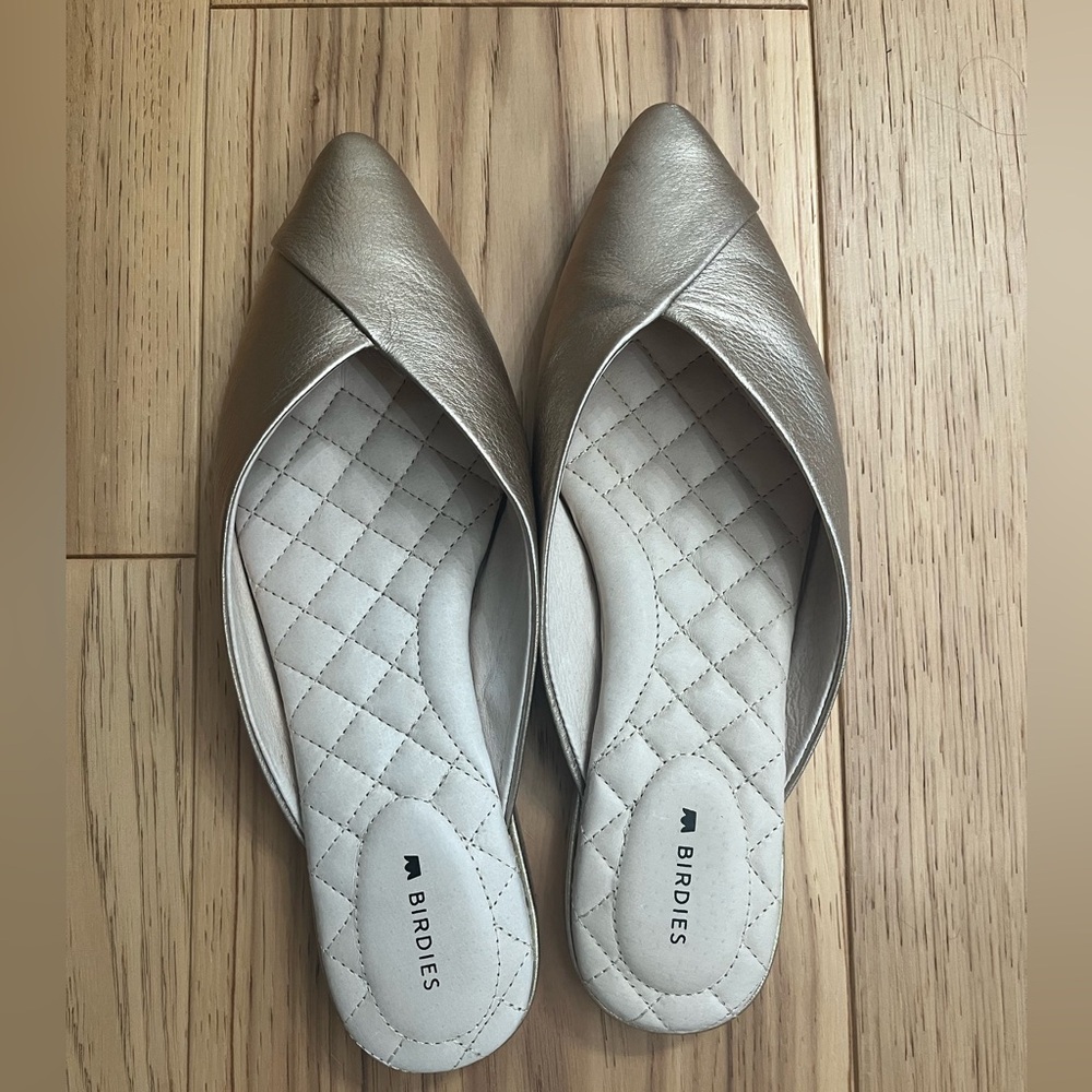 Birdies The Swan Leather Gold Mules with Quilted Footbed